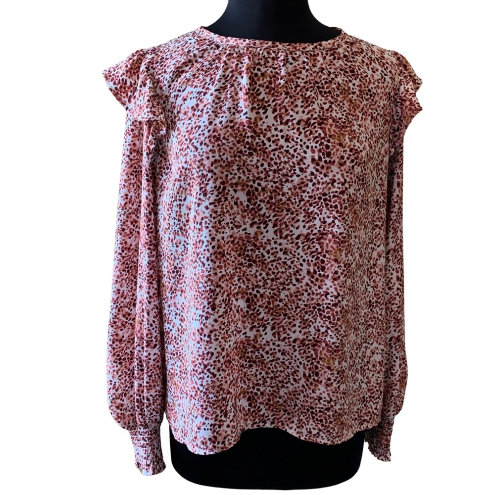 ROAN & RYAN Blouse Ruffle Shoulder Large Wine White Smocked EVEREVE